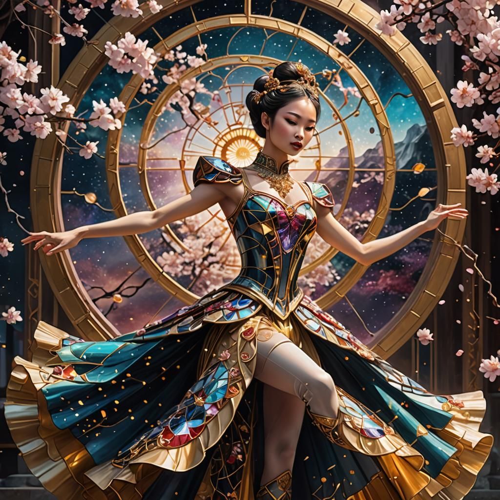 Asian Ballerina Dances on Cherry Blossoms