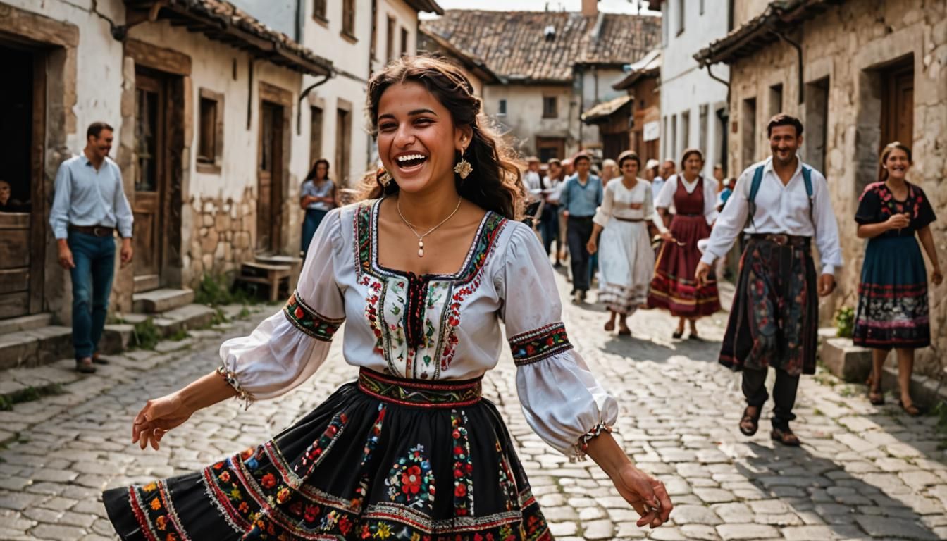 A Romani girl dancing in the middle of the streets of a old village