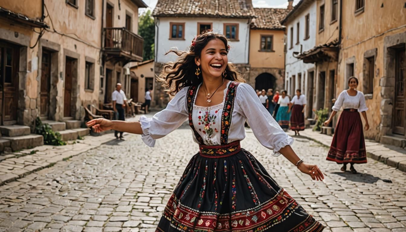 A Romani girl dancing in the middle of the streets of a old village