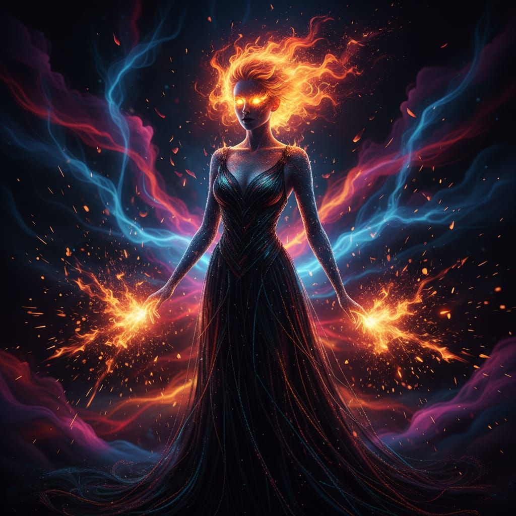 Holographic Witch with Fiery Hair and Sparks