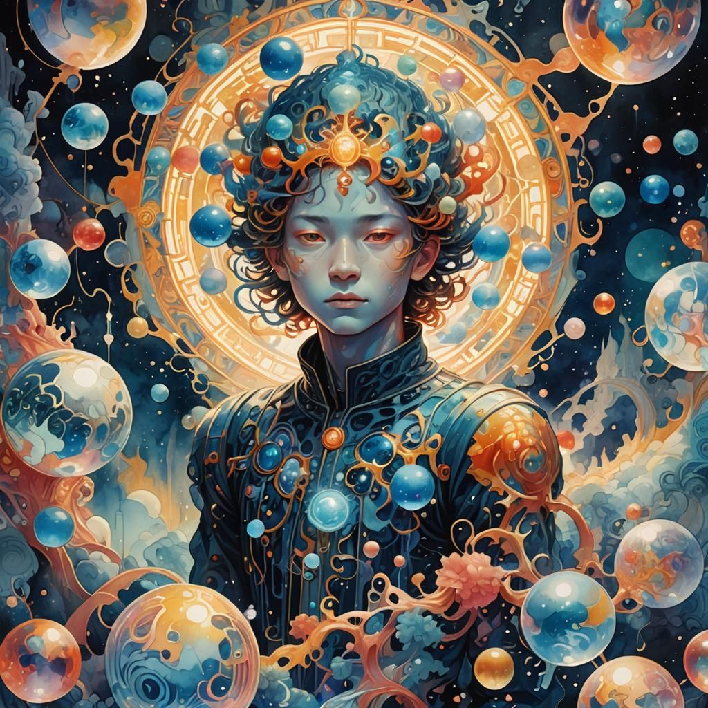 Mystical Figure Surrounded by Ethereal Orbs as Digital Art