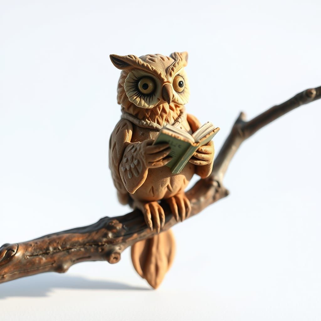 Earthenware Clay Owl Sculpture Reading a Book