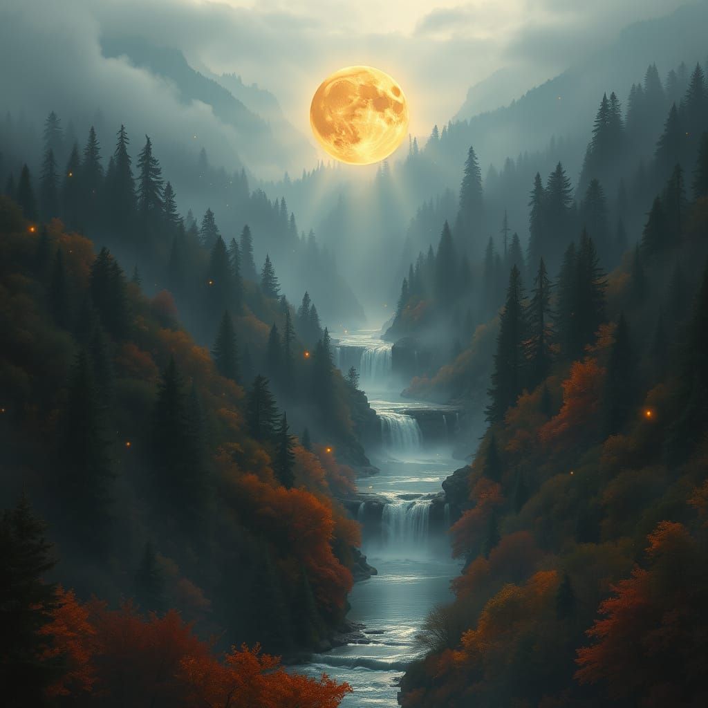 Serene Valley in Mystical Mist with Cascading Waterfalls and...