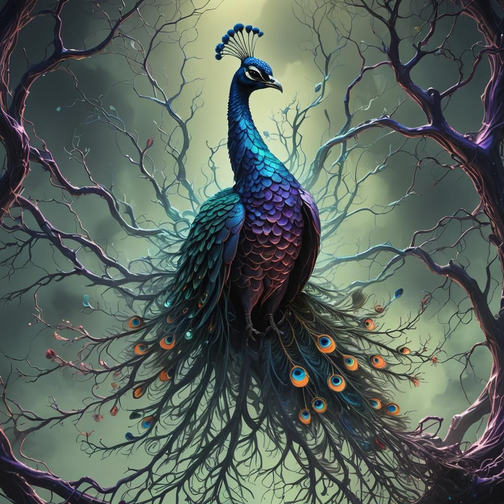 Neon X-Ray Panther Peacock Hybrid in Detailed Matte Painting