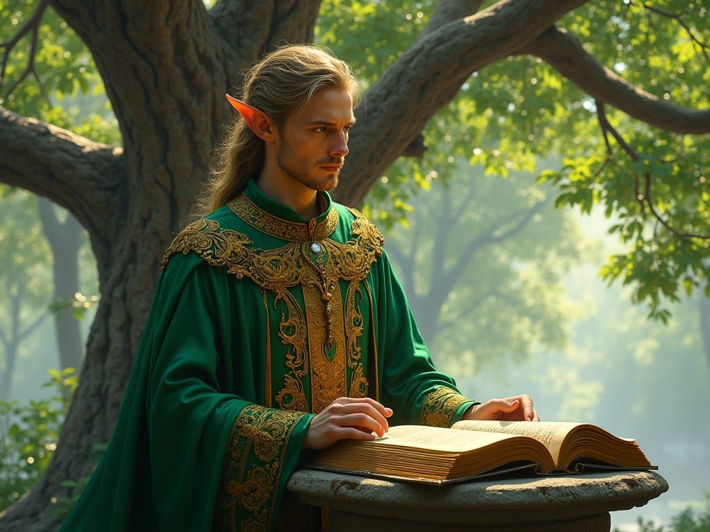 Regal Elven Magistrate in Sunlight with Ancient Oak