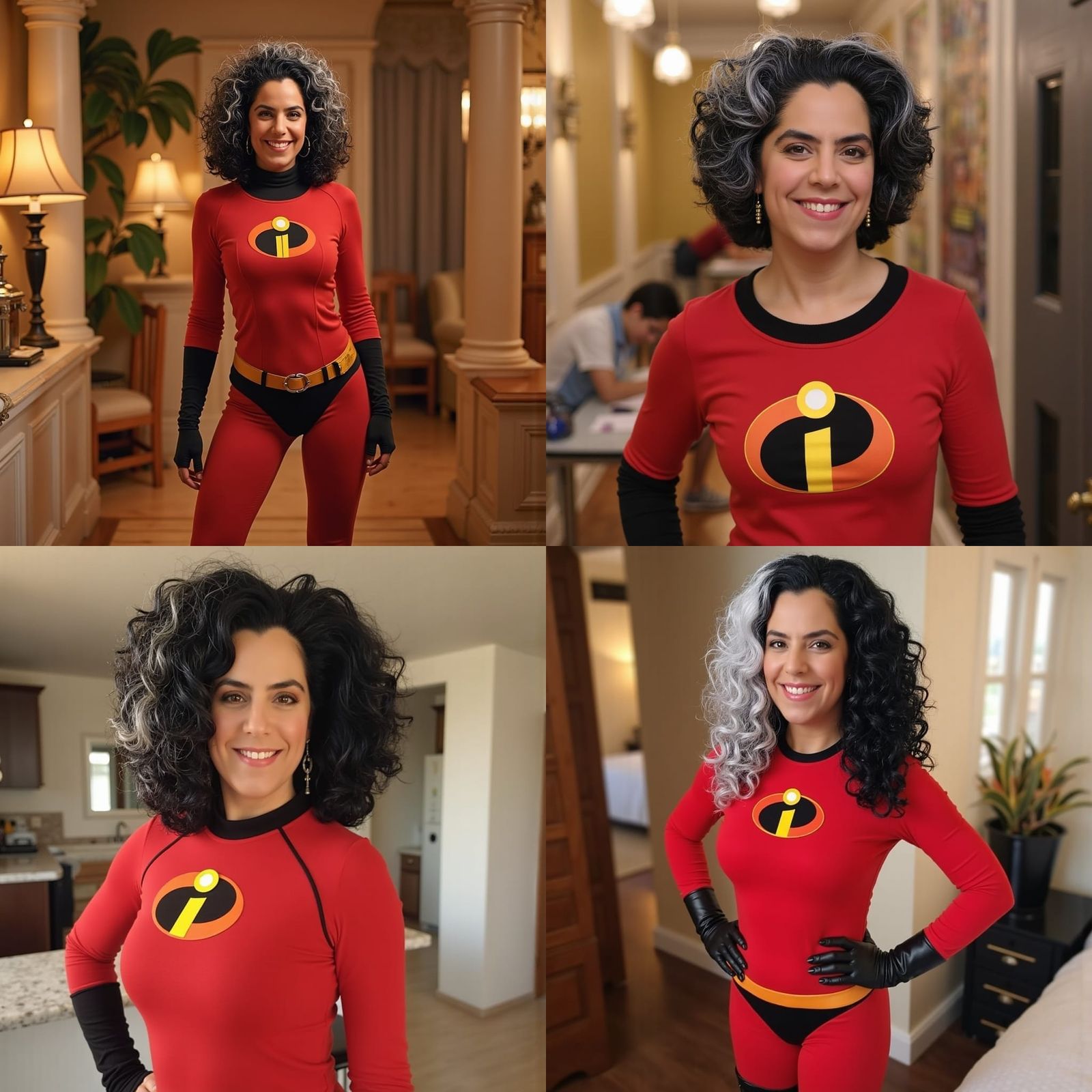 Elastigirl in Red Suit, Black Boots, and Curly Hair