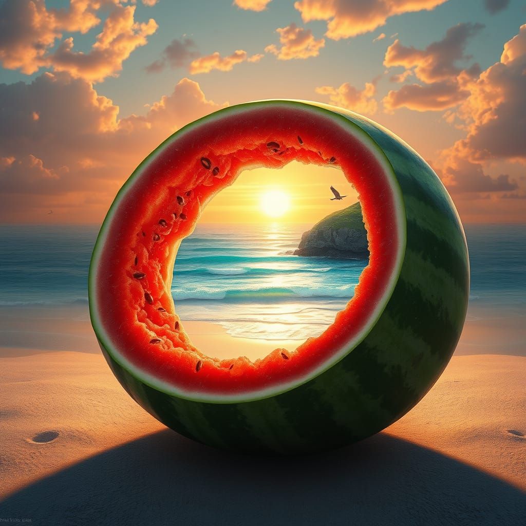 Vibrant Beachside Watermelon Oasis in Dreamlike Digital Art