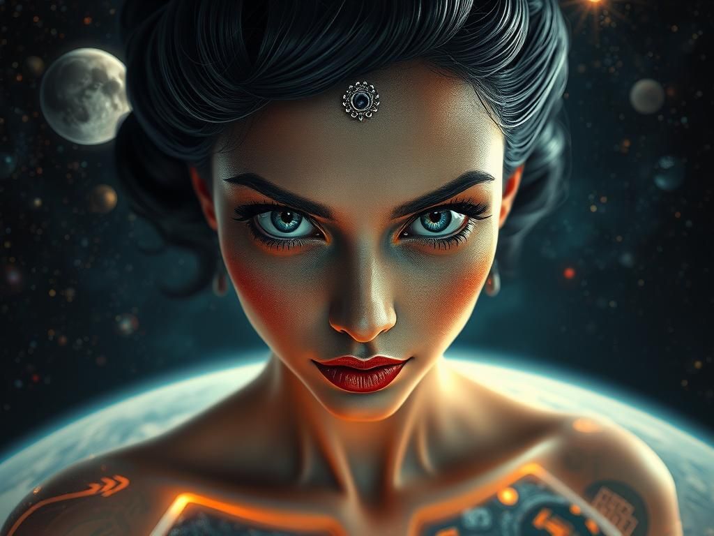 Striking Woman in Art Deco Cosmic Scene