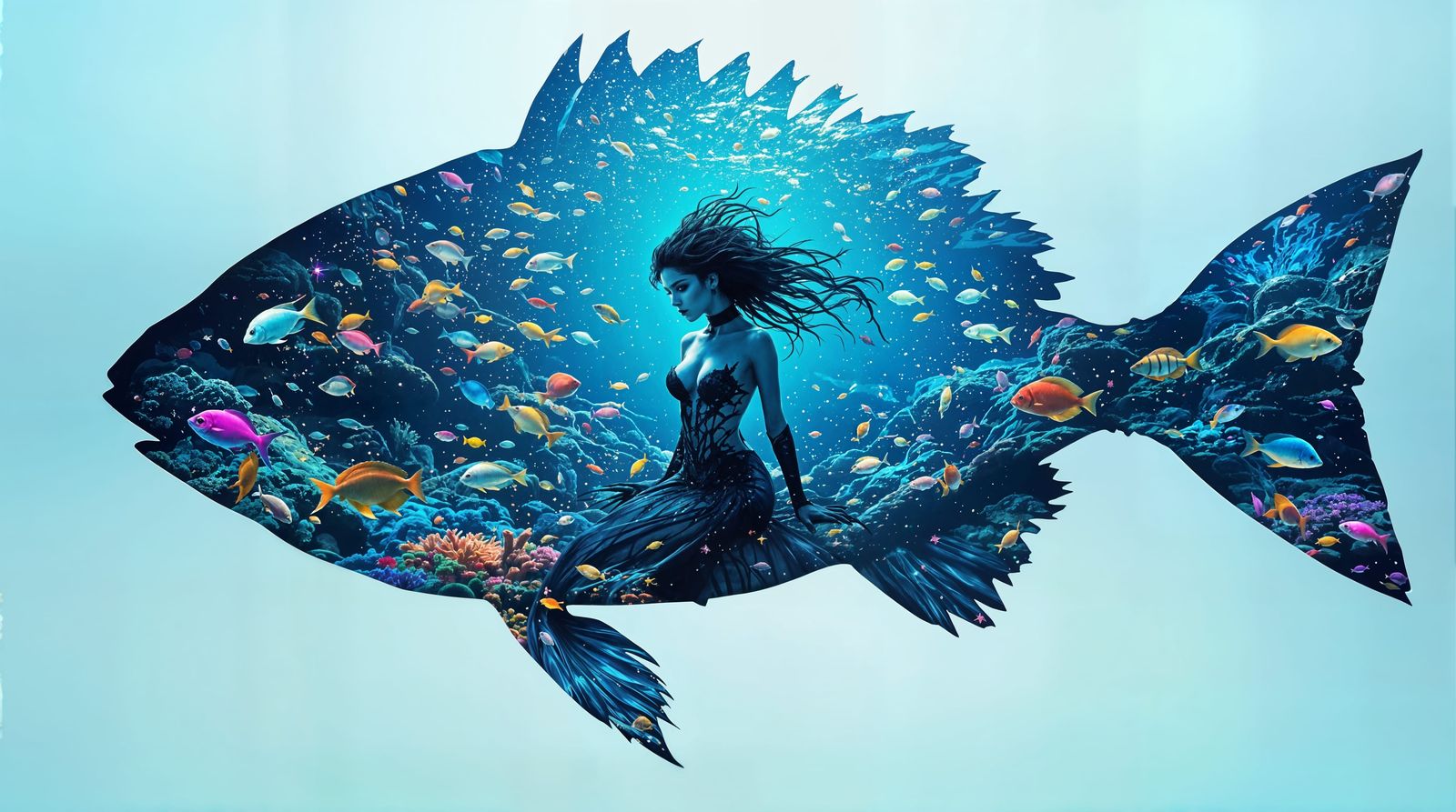 Goth Mermaid Emerges from a Fish Silhouette in a Vibrant Und...