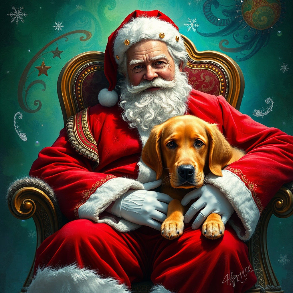 Santa Claus and Golden Retriever in Winter Wonderland