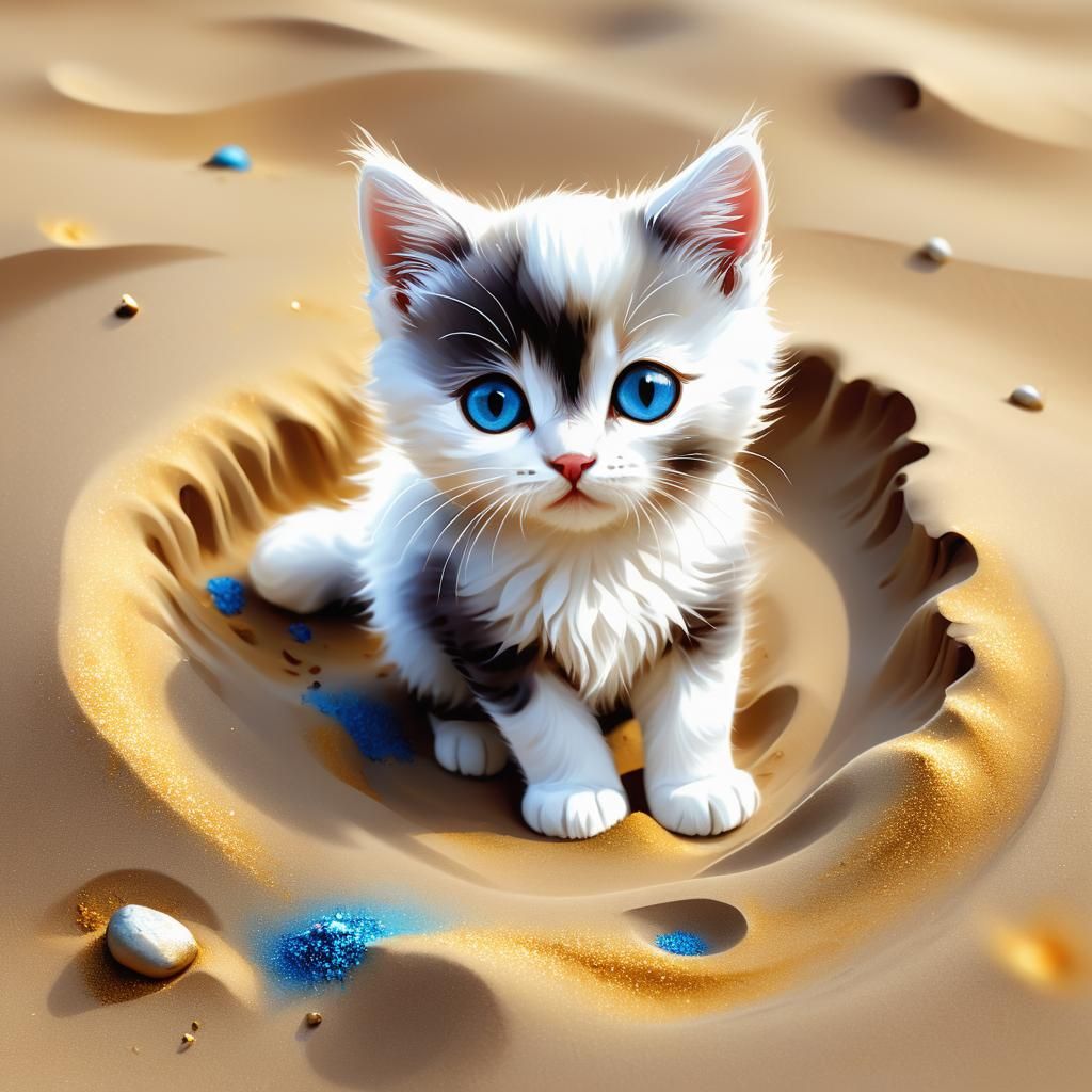 Sad Kitten in Desert Sand, Digital Painting