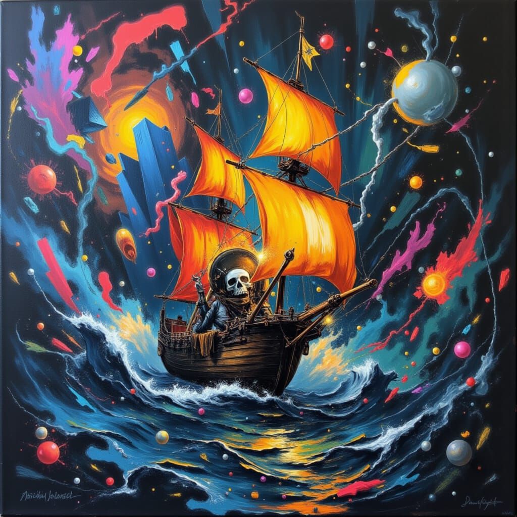Op Art Pirate Ship Navigating a Colorful Storm