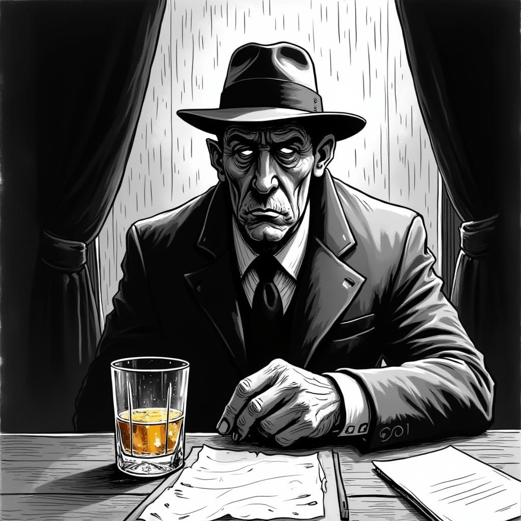 Weary Detective in a Rainy Night Office Scene