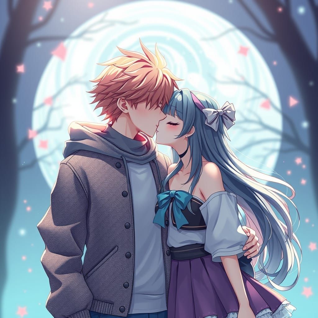 Cute Couple Shares a Romantic Kiss in Vibrant 3D Anime Style