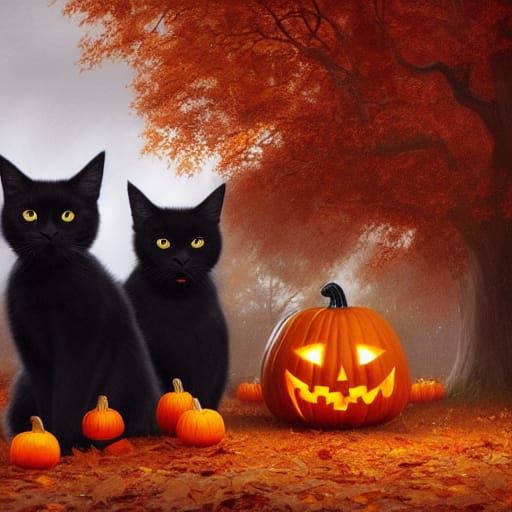 Dark Fantasy Cats Frolicking With Autumn Pumpkins
