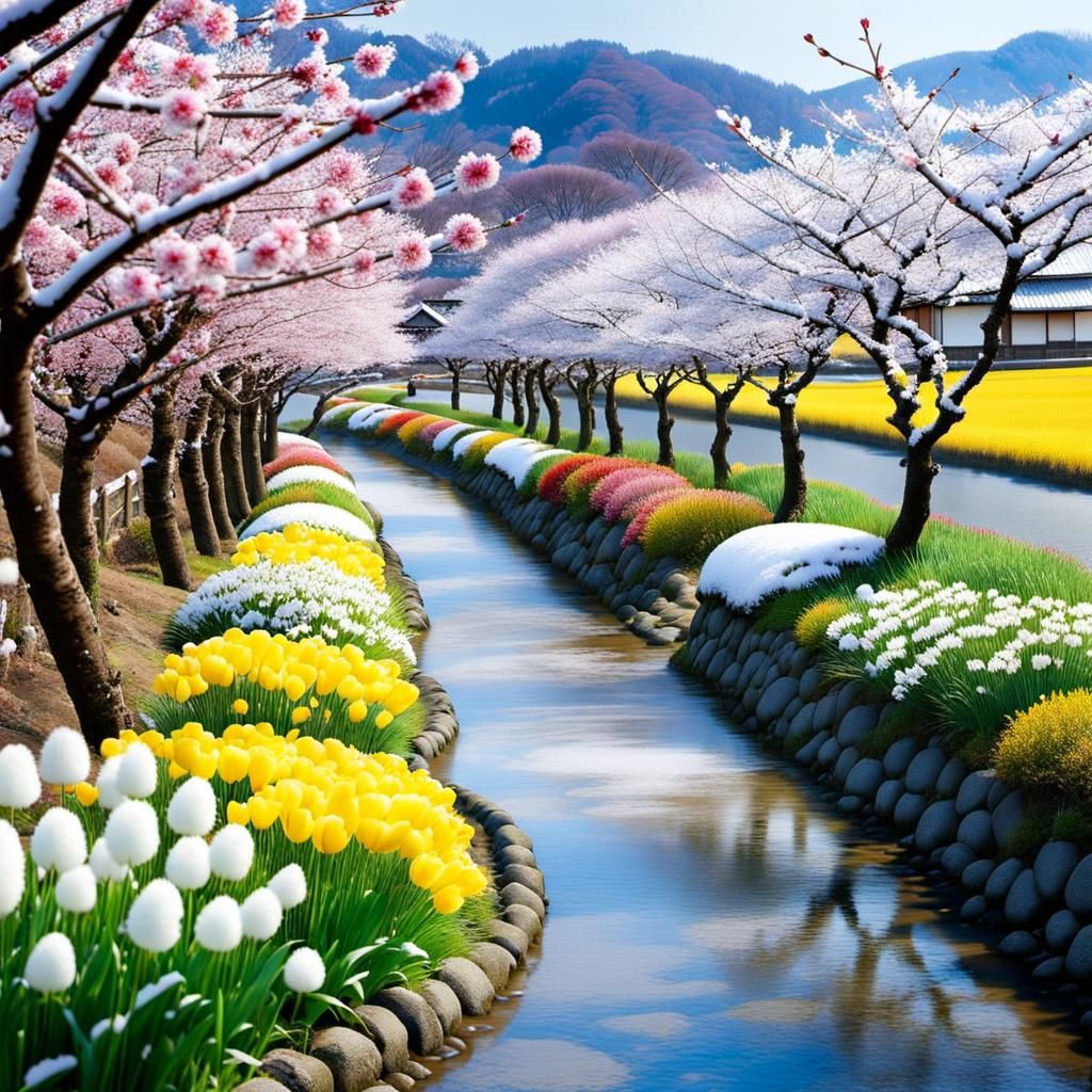 Spring's First Bloom: A Japanese Countryside Scene