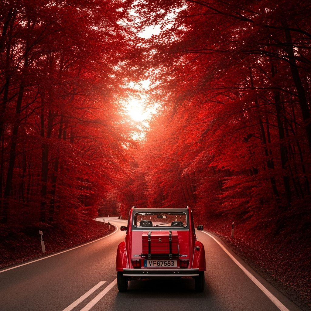 Vintage Citroën 2CV Drives Through Autumn Forest