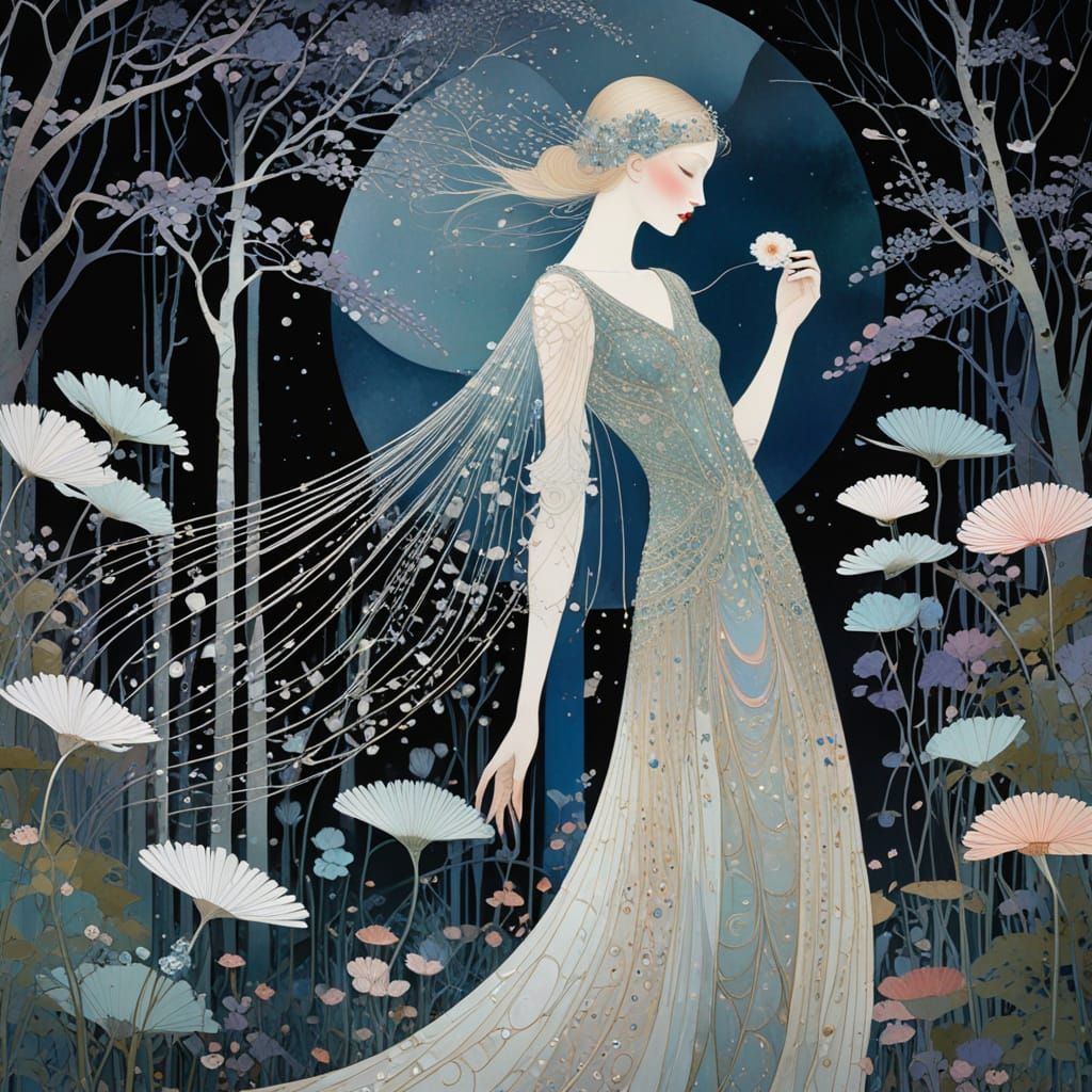 Enchanting Moonlight Nature Scene in Art Nouveau Style