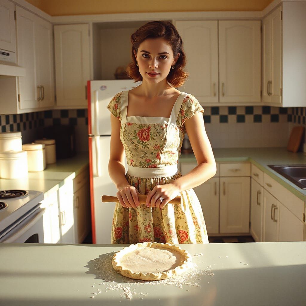 1950s Kitchen Scene with Young Woman Baking