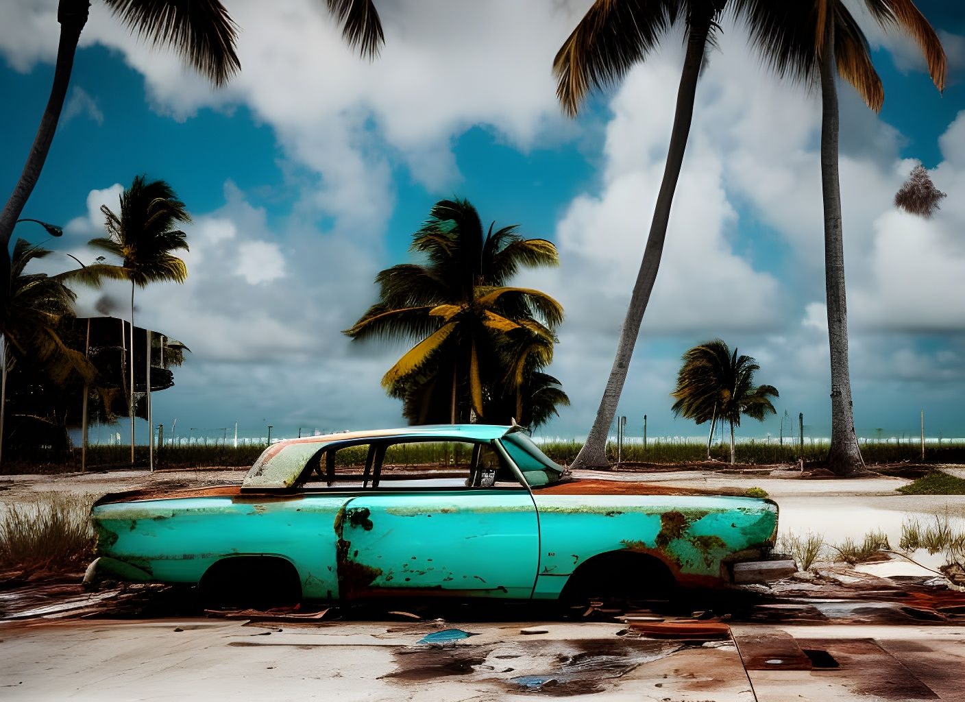 Post-Apocalyptic Miami Beach with Classic Car