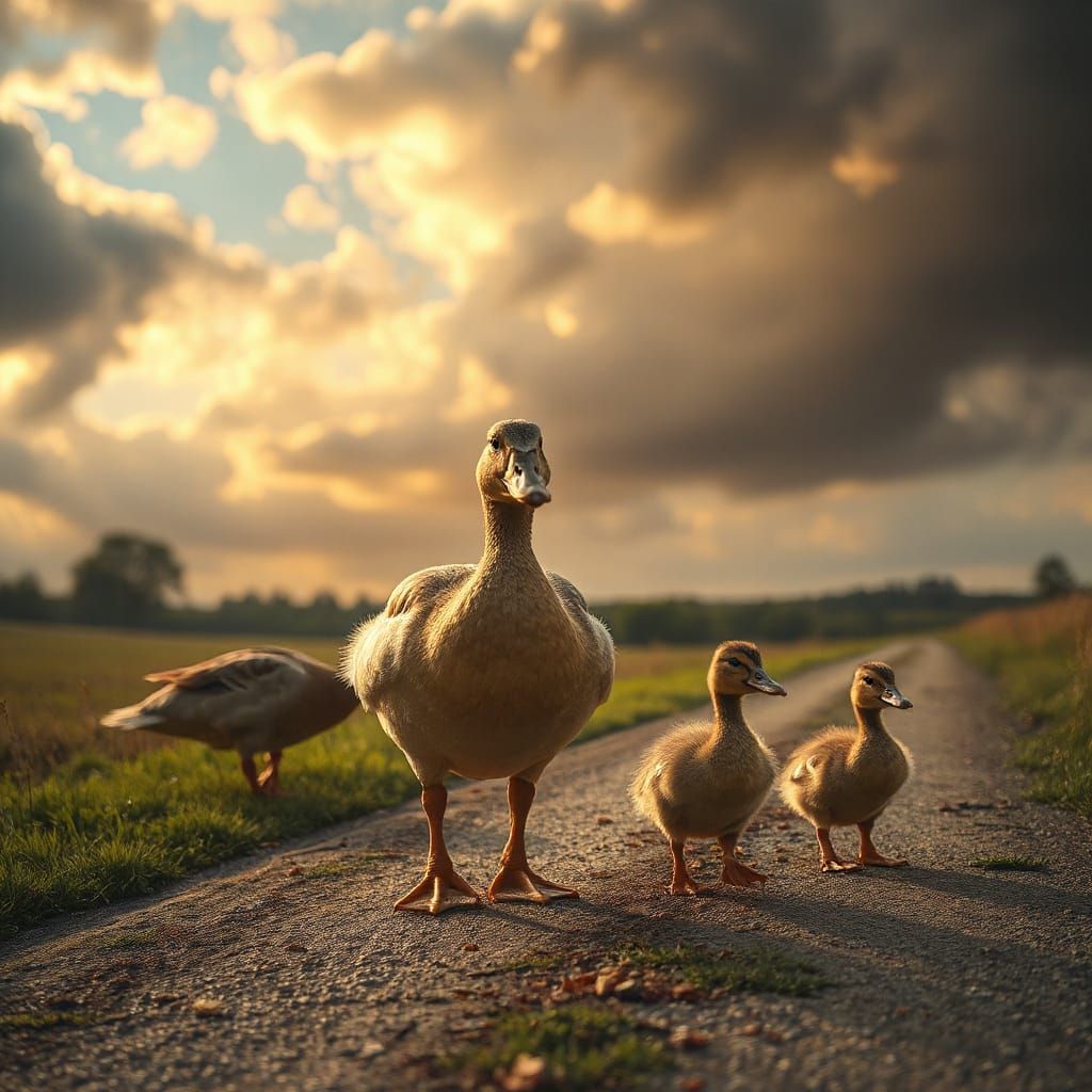 Duck Family Crossing Country Road in Hyperrealistic Style
