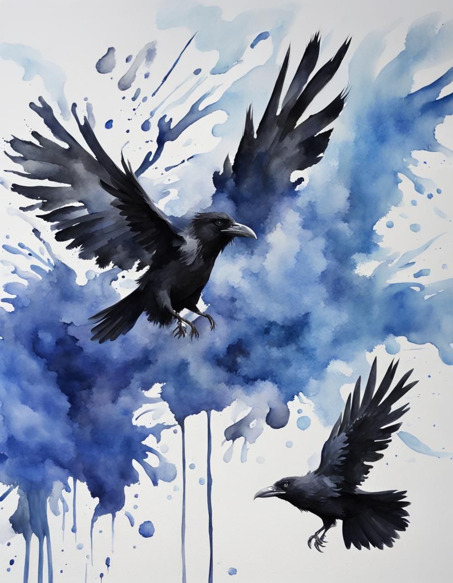 Monochromatic Ravens in Flight: Gouache Watercolor