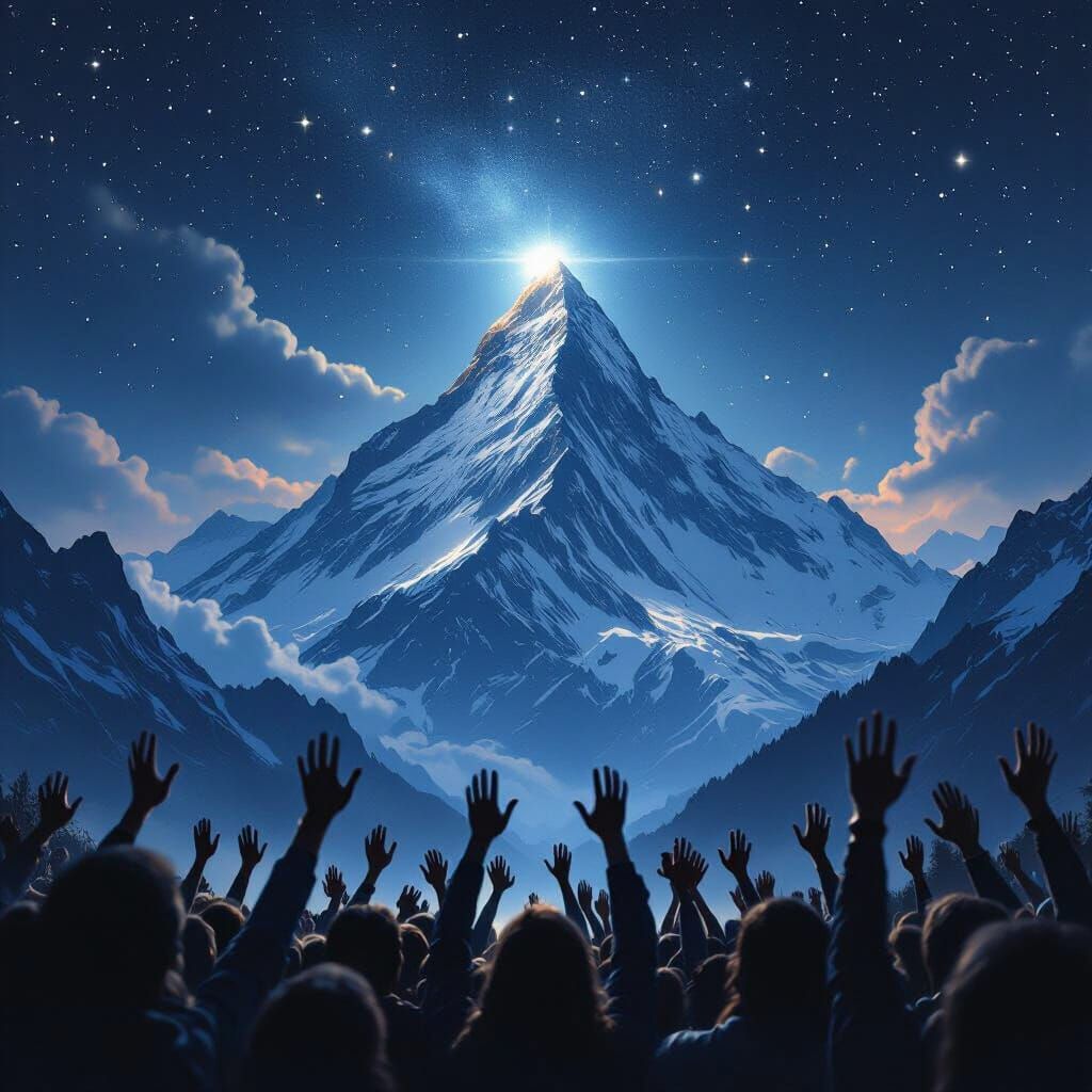 Crowd Reaches for Mountain Summit Under Starry Night Sky