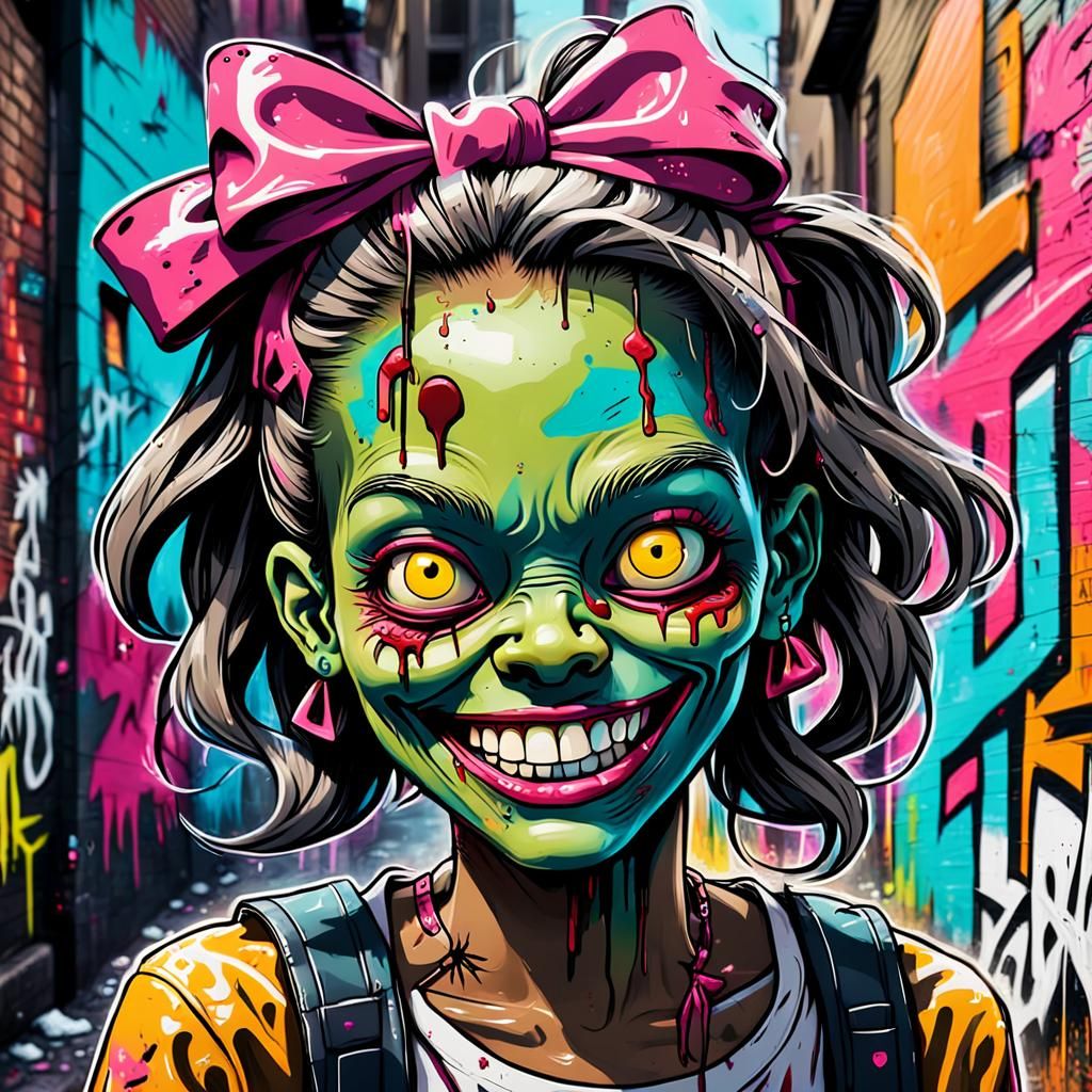 Smiling Zombie Girl in Graffiti Street Art Style