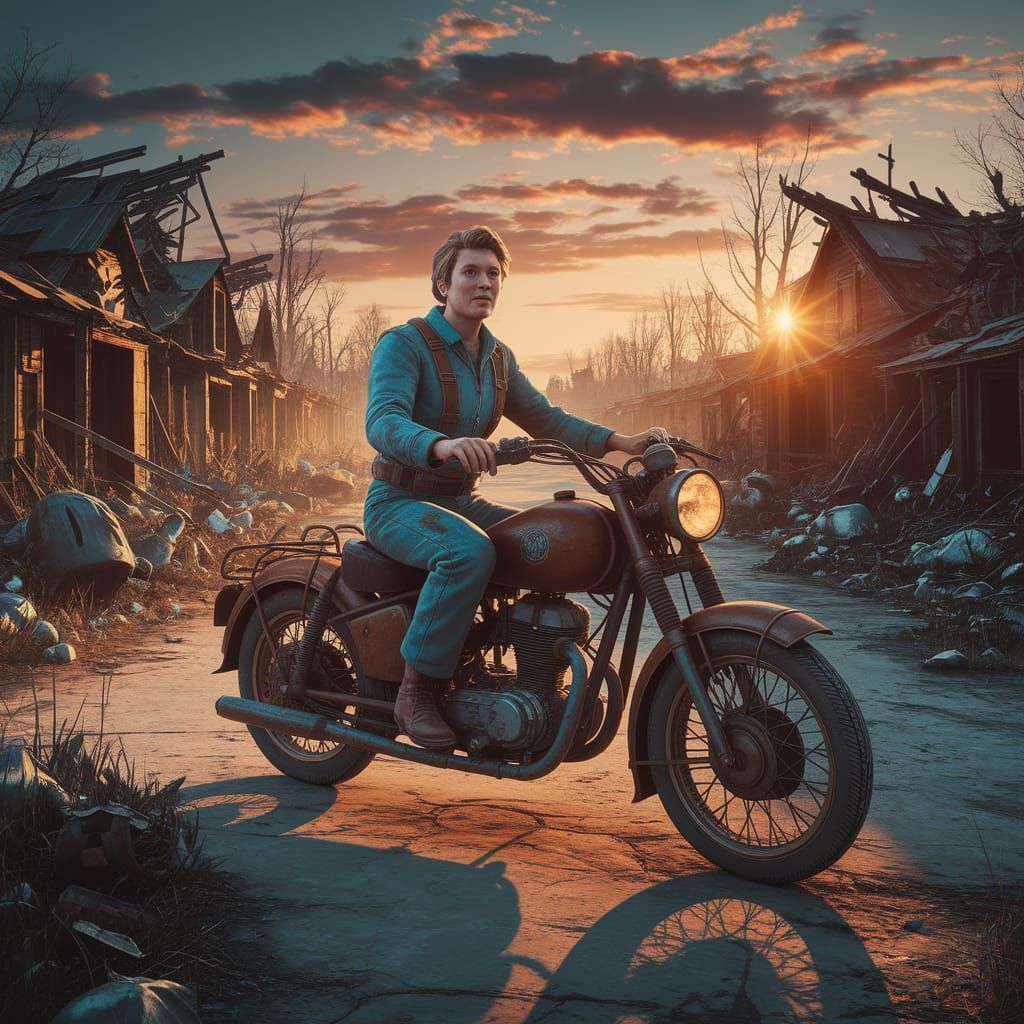 Wasteland Vault Dweller on Motorbike in Beksiński Style