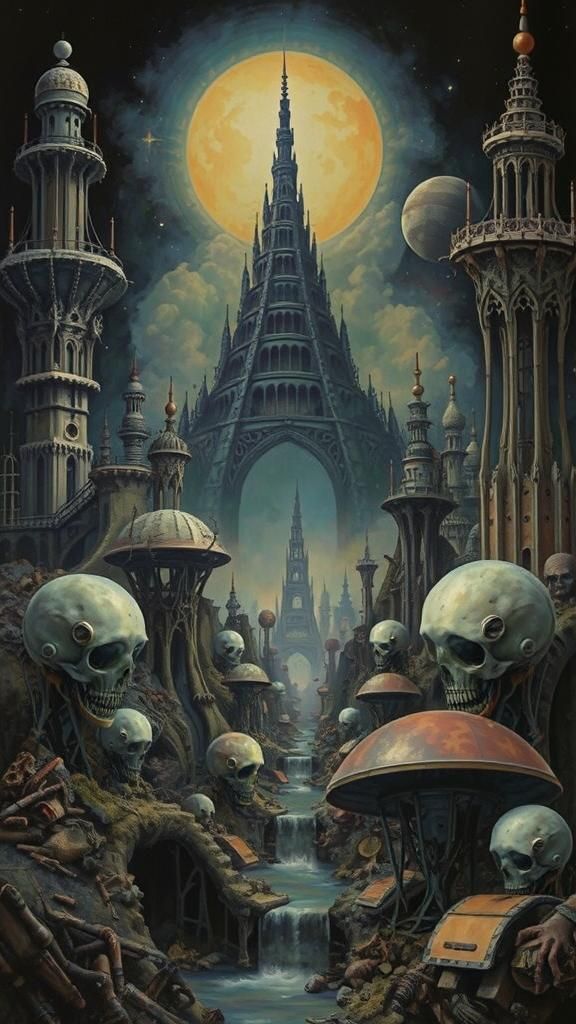 Post-Apocalyptic Art Nouveau Cityscape in Pencil Style