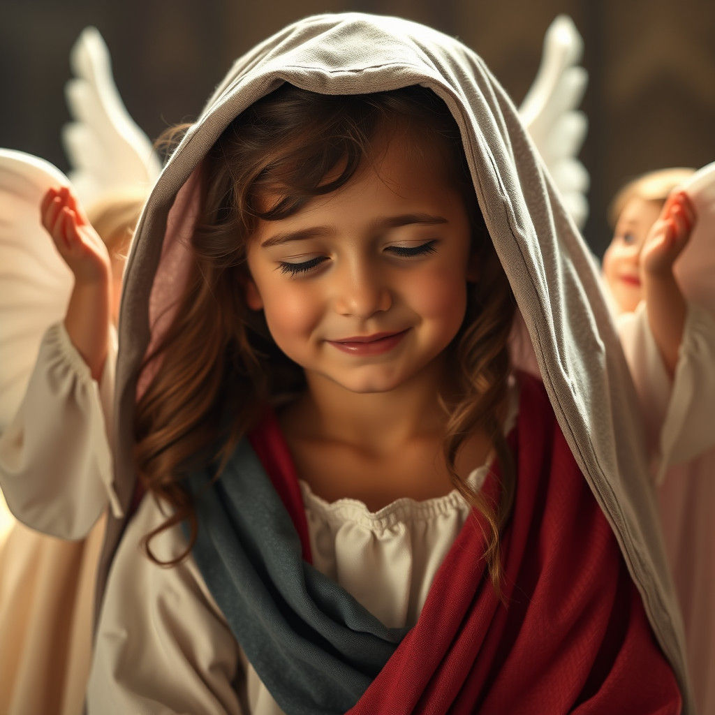 Young Girl Portrays Mary Surrounded by Angels