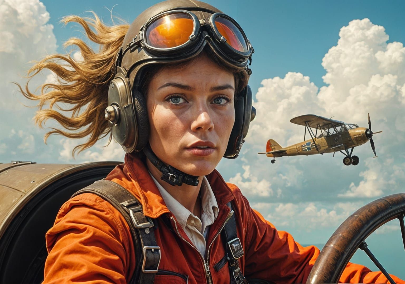 Amelia Earhart Soaring in Vintage Plane: Hyper-Realistic Pai...
