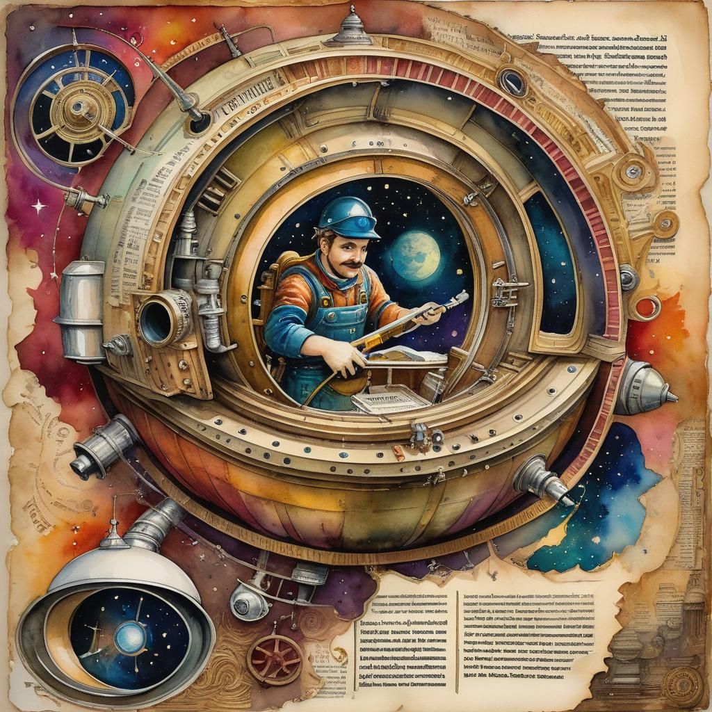 Plumber on Spaceship in Watercolor Style
