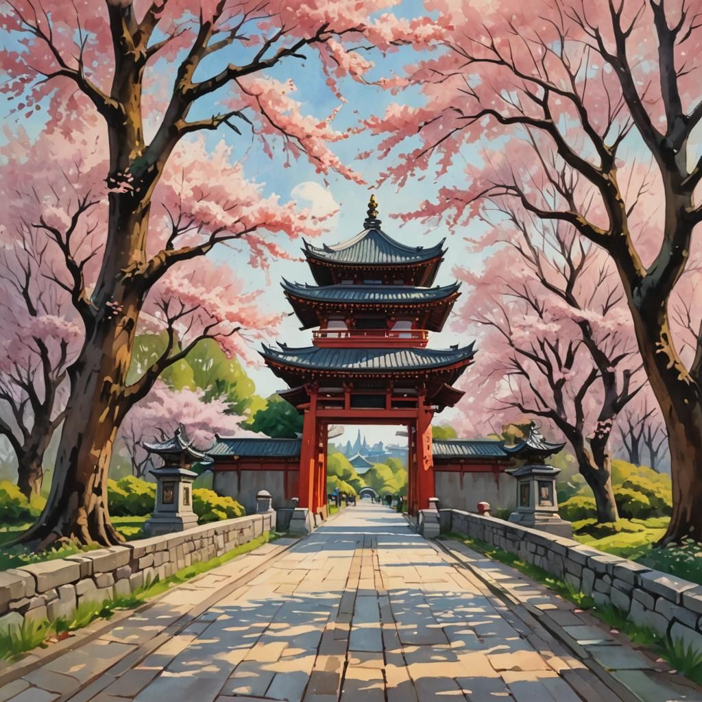 Tori Gate and Pagoda in Impressionist Gouache Style