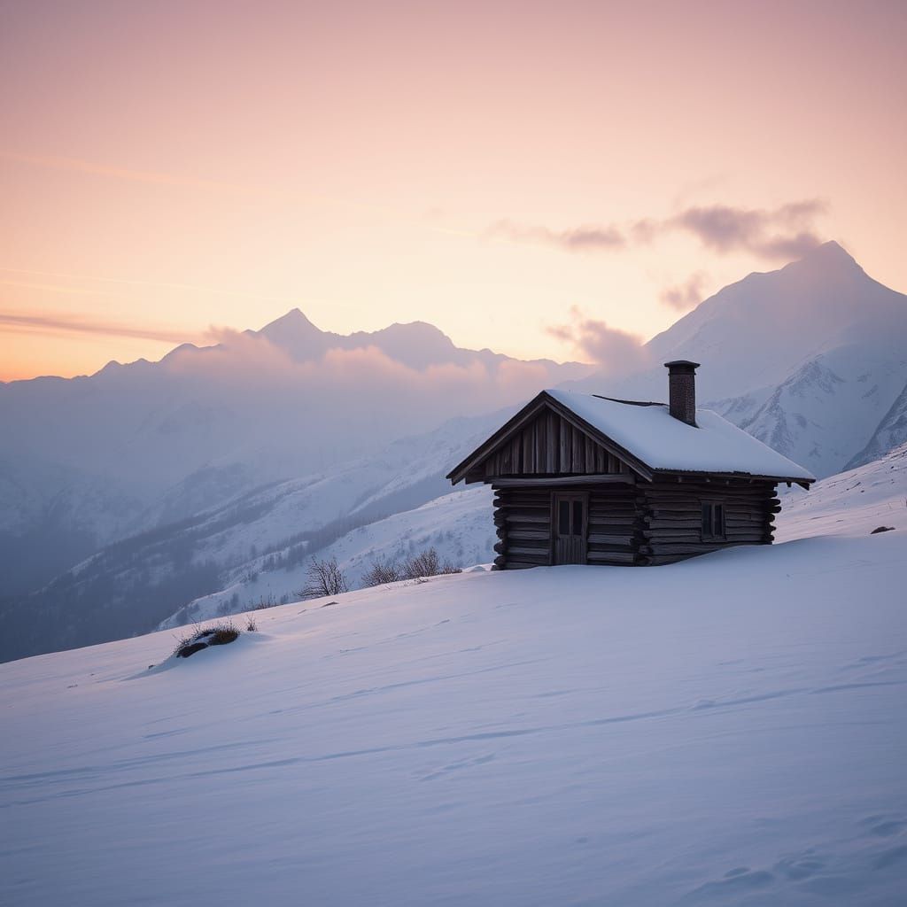 Solitary Alpine Cabin at Sunset, Mono No Aware Style