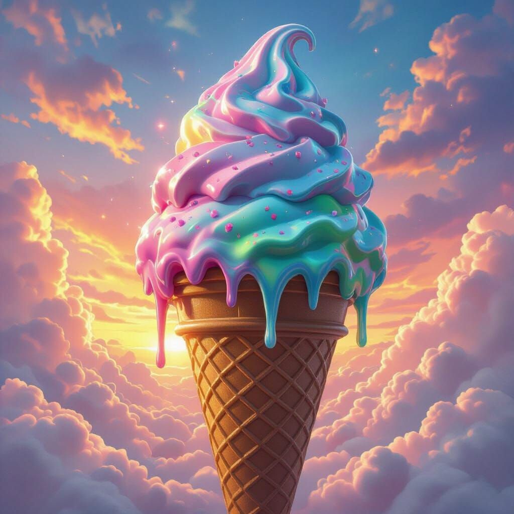 Colossal Melting Ice Cream Cone in a Surreal Landscape