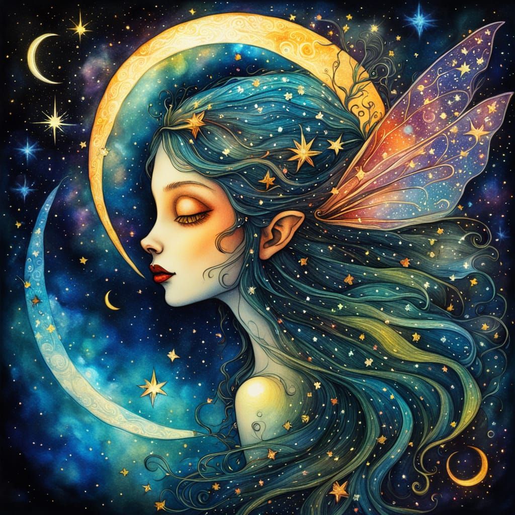 Surreal Fairy in Space Alcohol Ink Painting