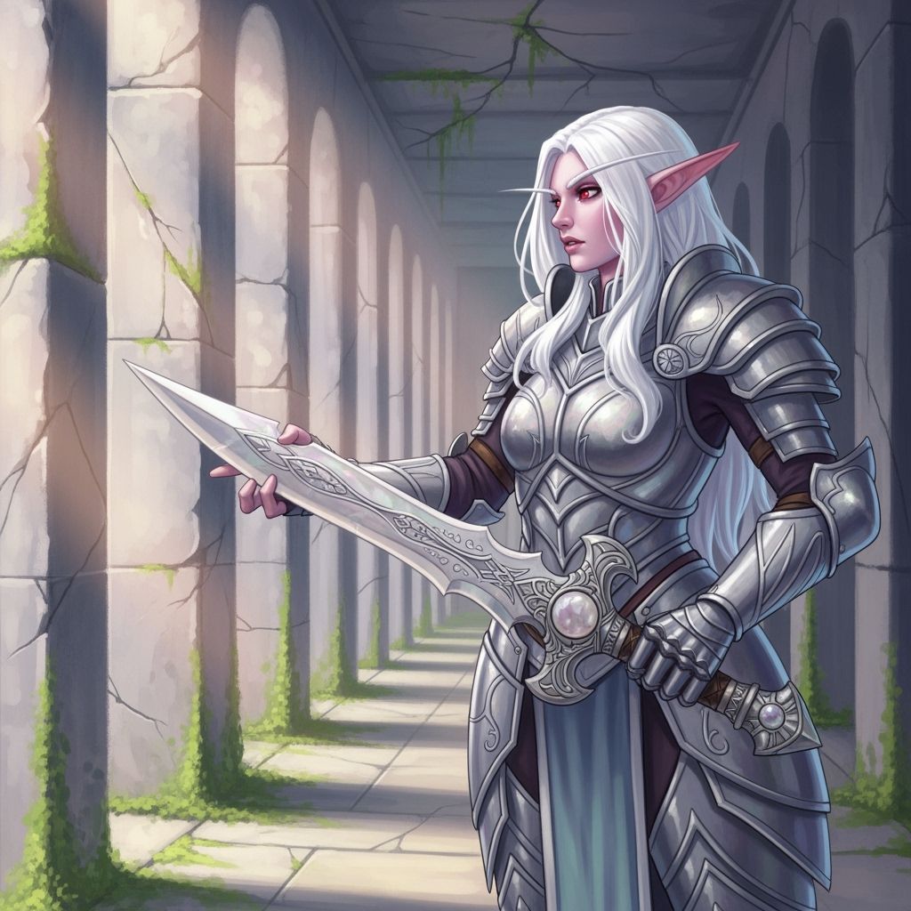 Albino Elf Warrior in Ancient Corridor