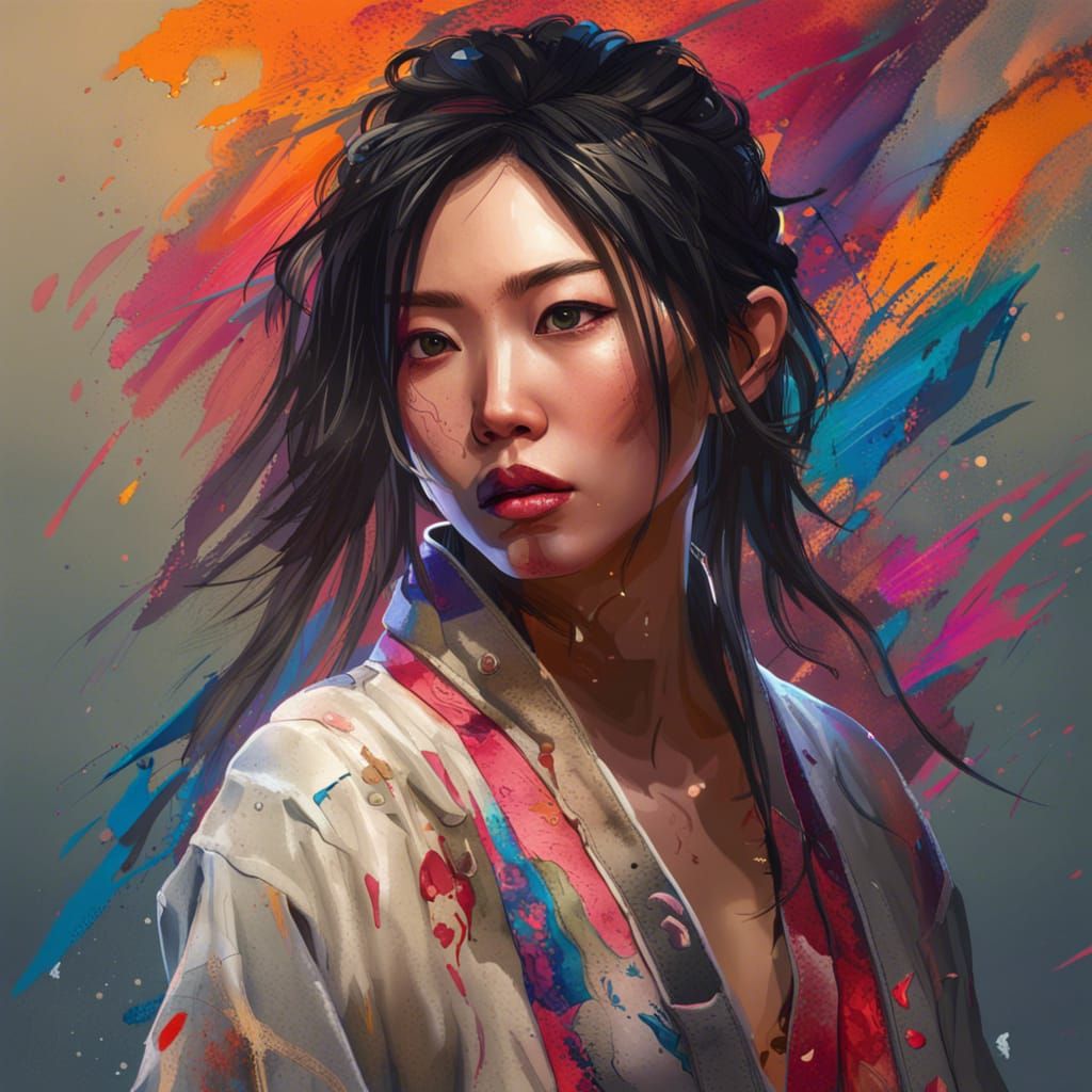 Beautiful Asian Woman in Torn Outfit: Hyperrealistic Art