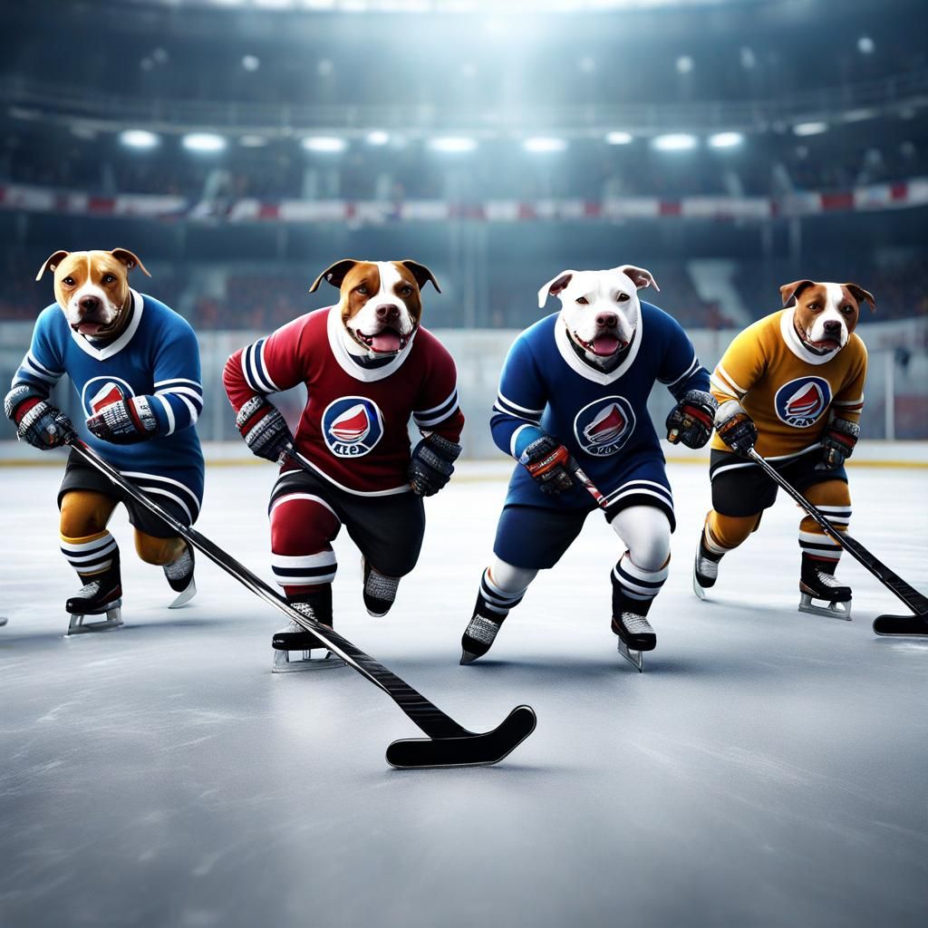 Pit Bull Dogs Play Ice Hockey, Digital Painting