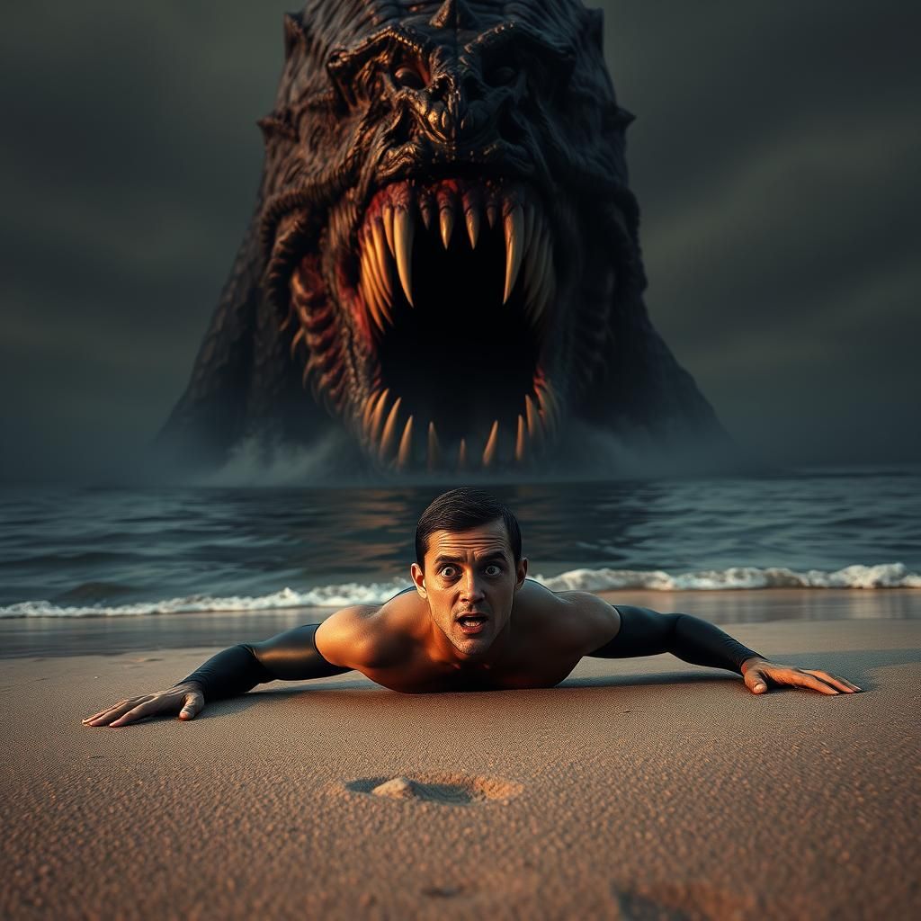 Swimmer's Terror: Eldritch Abomination at Golden Hour