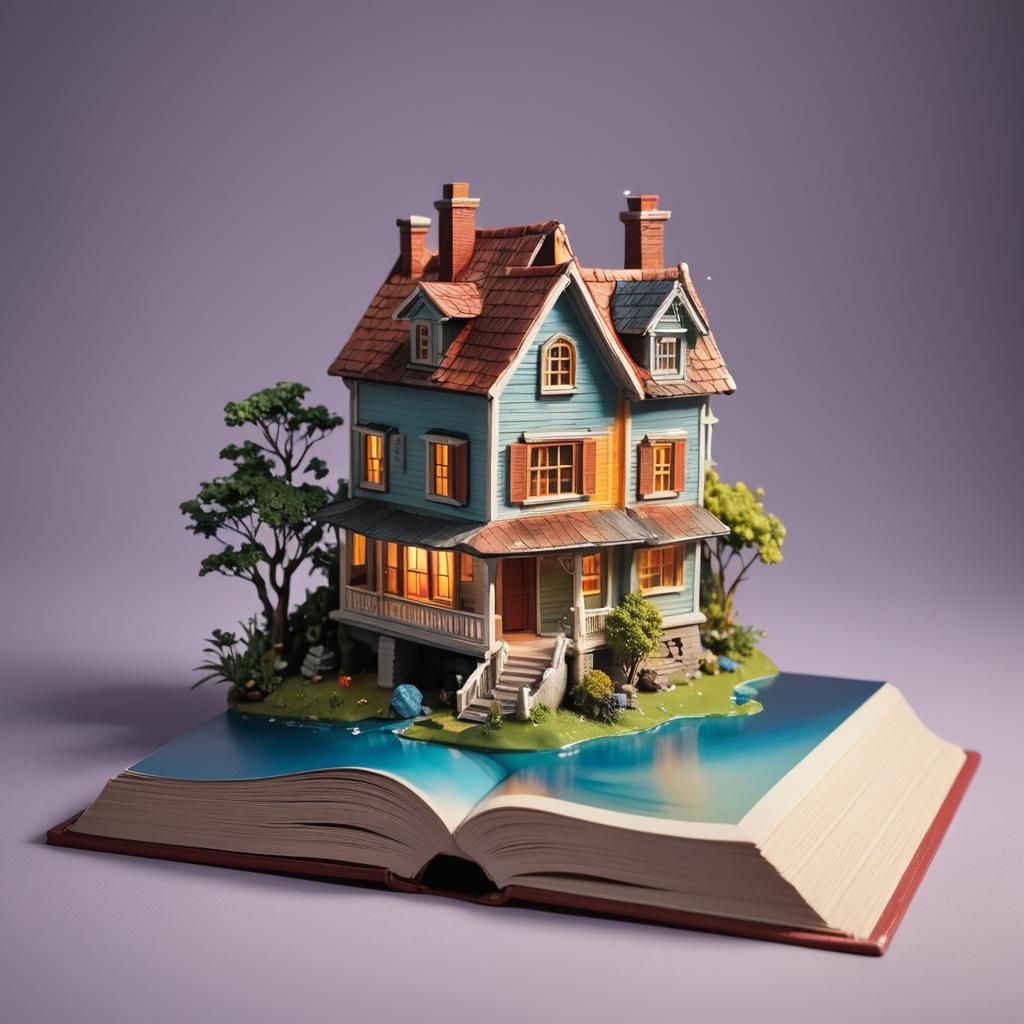 Hyperrealistic Book House Model: Splash Art Concept