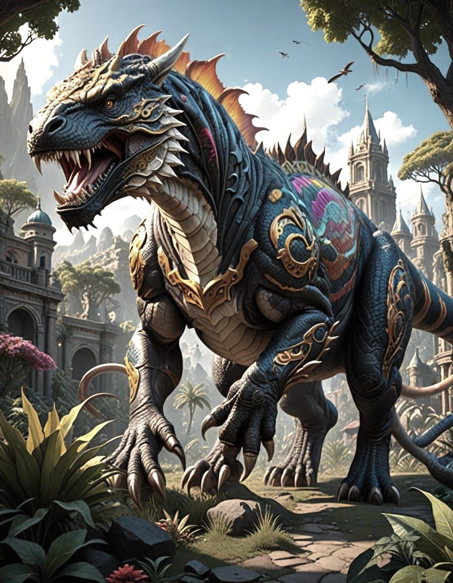 Giant T-Rex Saber-Tooth Chimera in Earth Tones