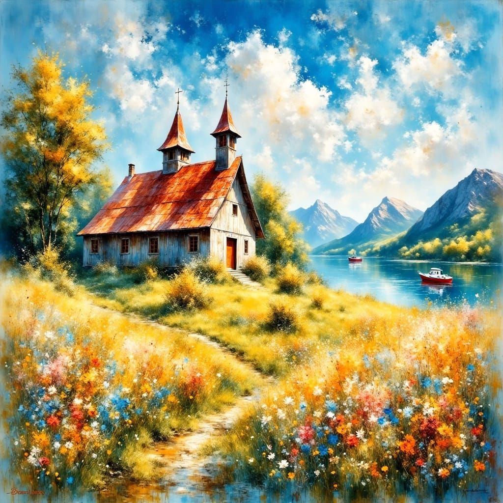 Vibrant Norwegian Church in Sunny Countryside