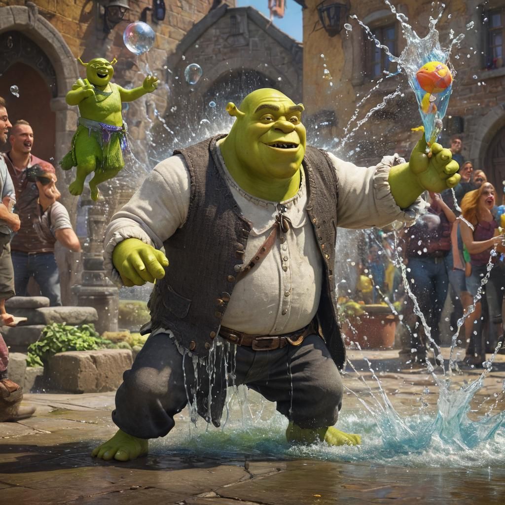 Shrek and Professor Barigudo Throwing Water Bombs