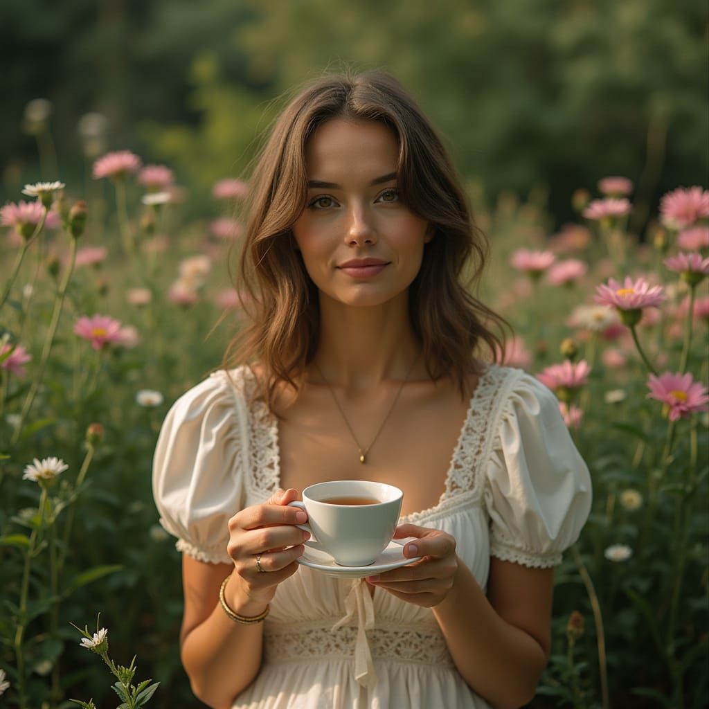 Woman in Serene Garden with Tea: Cinematic Film Still