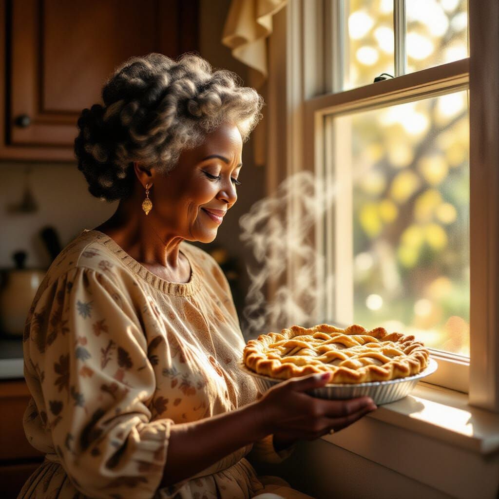 Older Black Mother Places Apple Pie on Windowsill