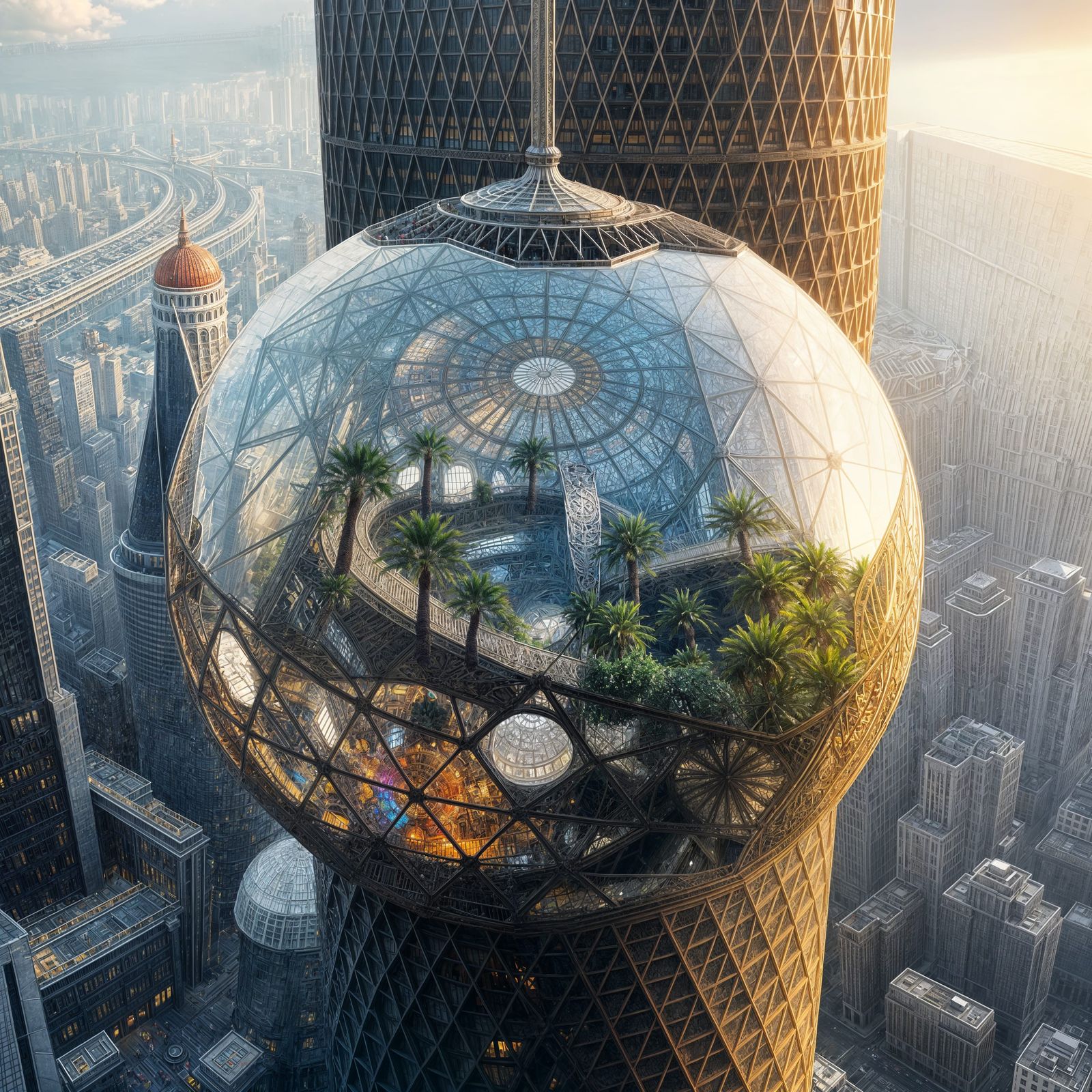 Intricate Orb-Shaped Park within a Skyscraper