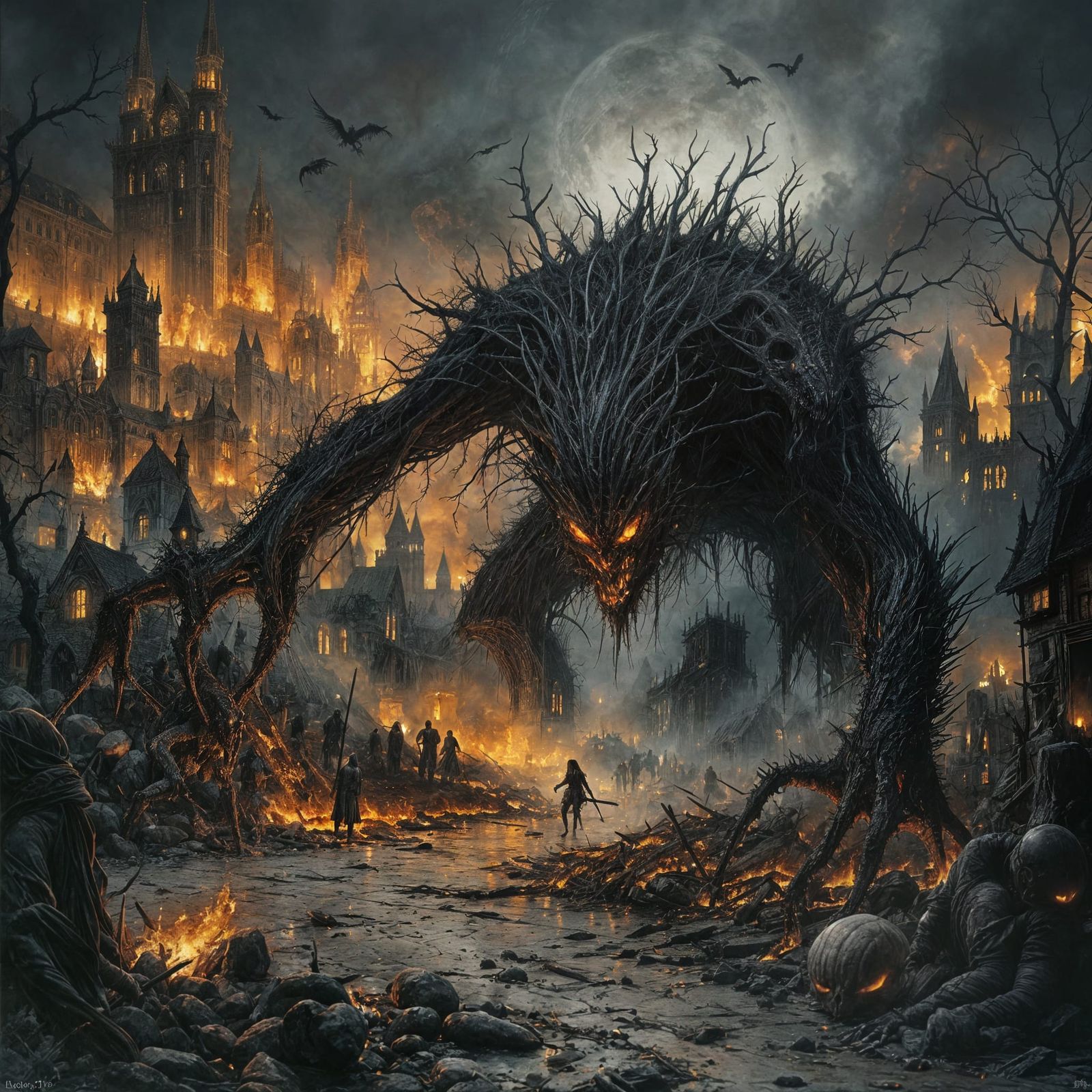 Dark Fantasy Creature Attacks Burning Medieval Village
