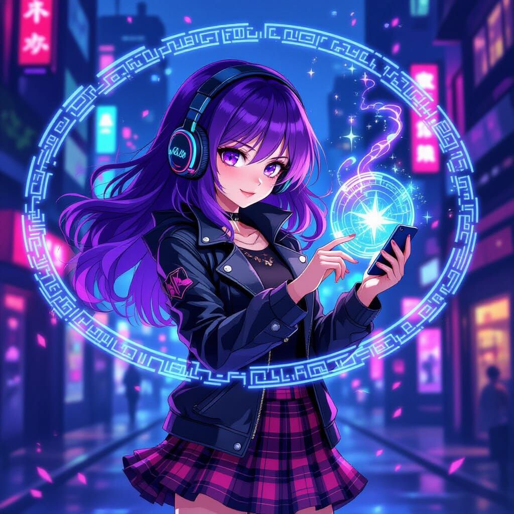 Purple-Haired Witch Girl Casts Spells with Smartphone